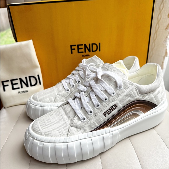 NWT FENDI FORCE FF LOW TOP LOGO CANVAS PLATFORM SNEAKERS WHITE 39.5 - Picture 2 of 10